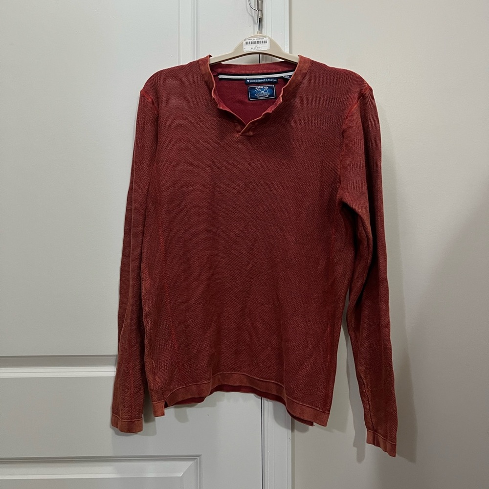 Washed Stoned & Beaten Red Henley Long Sleeve T-Shirt Size Large